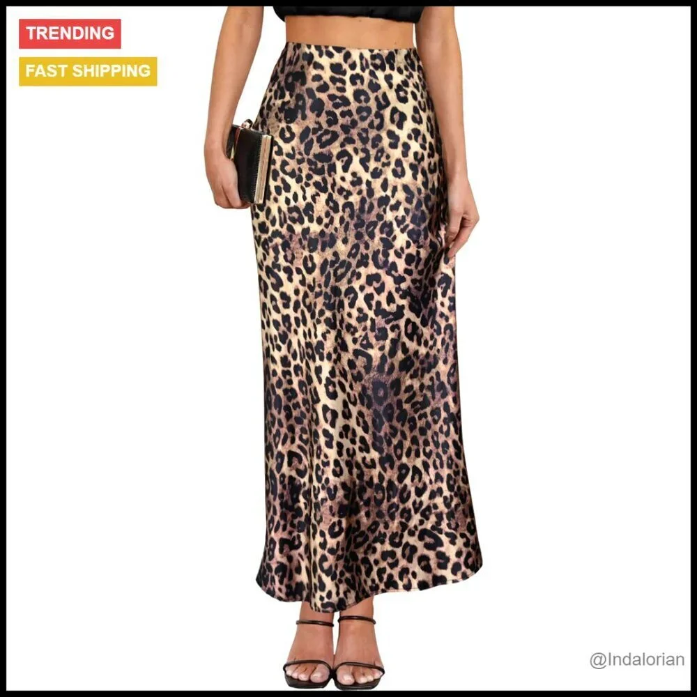 Satin Maxi Skirt High Waisted Elastic Waistband A-Line Leopard Print Long